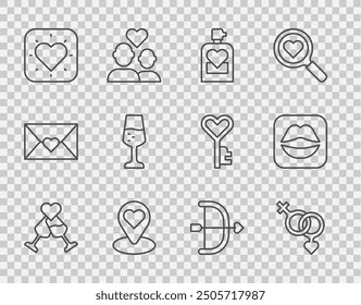 Set line Glass of champagne, Gender, Perfume, Location with heart, Heart, Bow and arrow and Smiling lips icon. Vector