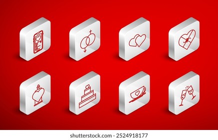 Set line Glass of champagne, Gender, Heart, Candy in heart shaped box, Coffee cup, Mobile with, Wedding cake and Bottle love potion icon. Vector