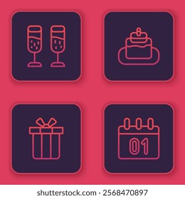 Set line Glass of champagne, Gift box, Cake and Calendar. Blue square button. Vector