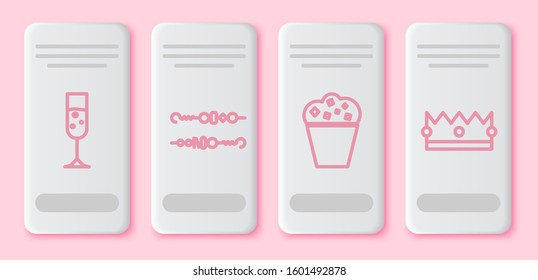 Set line Glass of champagne , Grilled shish kebab, Popcorn in cardboard box  and Crown . White rectangle button. Vector