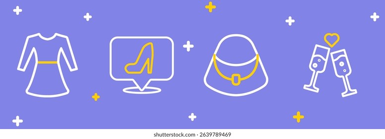 Set line Glass of champagne, Handbag, Woman shoe and dress icon. Vector