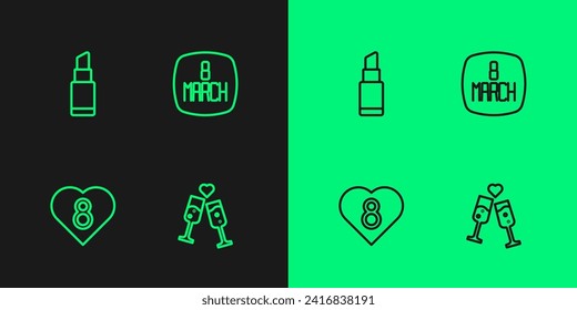 Set line Glass of champagne, Heart with 8 March, Lipstick and  icon. Vector