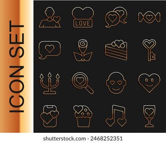 Set line Glass of champagne, Heart, Key in heart shape, speech bubble, Flower rose, Romantic man and Wedding cake icon. Vector