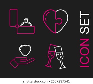 Set line Glass of champagne, Heart in hand,  and Diamond engagement ring icon. Vector