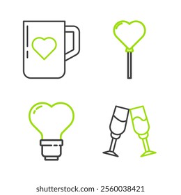 Set line Glass of champagne, Heart shape in light bulb, Balloons form heart and Coffee cup and icon. Vector