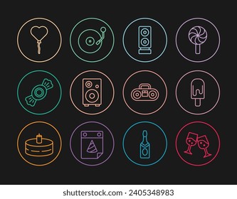 Set line Glass of champagne, Ice cream, Stereo speaker, Candy, Balloons in form heart, Home stereo with two speakers and Vinyl player disk icon. Vector