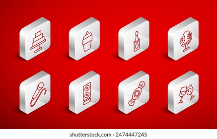 Set line Glass of champagne, Ice cream in waffle cone, Champagne bottle, Microphone, Candy, Cake, Stereo speaker and  icon. Vector