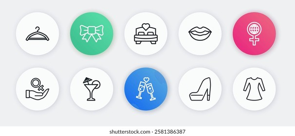 Set line Glass of champagne, International Women Day, Female gender symbol, Woman shoe, Smiling lips, Bedroom, dress and Martini glass icon. Vector