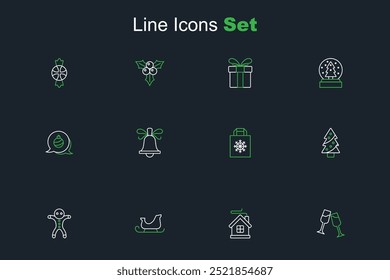 Set line Glass of champagne, Merry Christmas house, santa claus sleigh, Holiday gingerbread man cookie, tree, shopping bag, ringing bell and ball icon. Vector