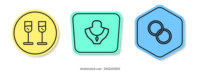 Set line Glass of champagne, Necklace on mannequin and Wedding rings. Colored shapes. Vector