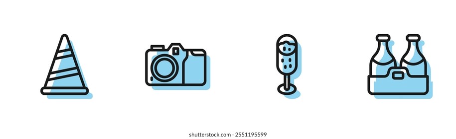 Set line Glass of champagne, Party hat, Photo camera and Champagne bottle icon. Vector