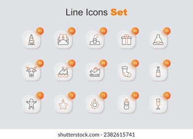 Set line Glass of champagne, Santa Claus hat and beard, Christmas toy, star, Holiday gingerbread man cookie, Champagne bottle, stocking and santa claus sleigh icon. Vector