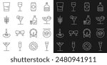 Set line Glass of champagne, Street signboard with Bar, Cocktail, Beer can, Martini glass, Hop, vodka and Vodka pepper and icon. Vector