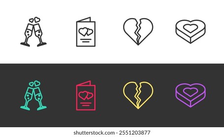 Set line Glass of champagne, Valentines day flyer, Broken heart or divorce and Candy shaped box on black and white. Vector