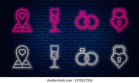 Set line Glass of champagne, Wedding rings, Map pointer with heart and Castle in the shape of a heart. Glowing neon icon on brick wall. Vector