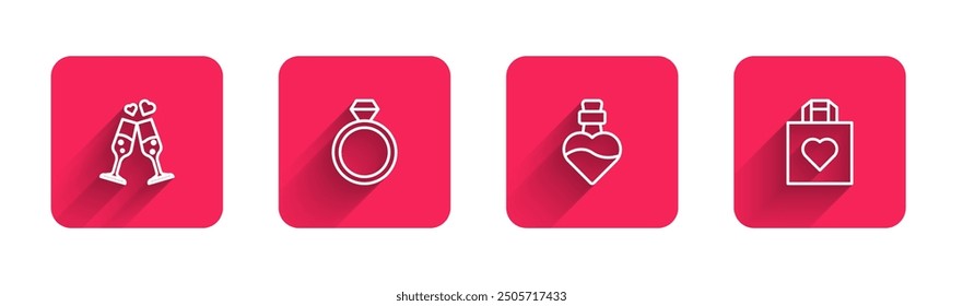 Set-Linie Glas Champagner, Hochzeitsringe, Flasche mit Liebesgetränk und Einkaufstasche Herz mit langem Schatten. Roter quadratischer Knopf. Vektorgrafik