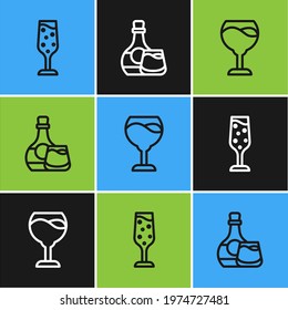 Set line Glass of champagne, Wine glass and Whiskey bottle and icon. Vector