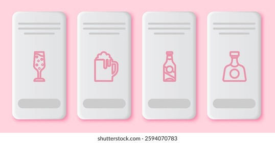 Set line Glass of champagne, Wooden beer mug, Beer bottle and Tequila. White rectangle button. Vector