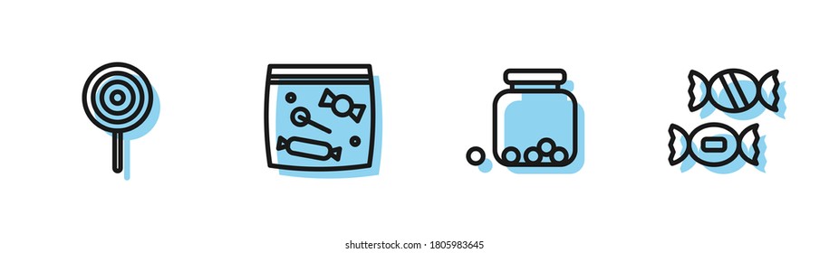 Set line Glass jar with candies inside, Lollipop, Candy packaging for sweets and  icon. Vector