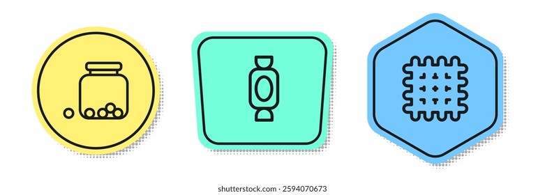 Set line Glass jar with candies inside, Candy and Cracker biscuit. Colored shapes. Vector