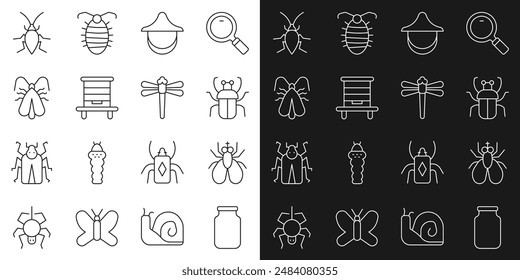 Set line Glass jar, Insect fly, Stink bug, Beekeeper hat, Hive for bees, Clothes moth, Cockroach and Dragonfly icon. Vector