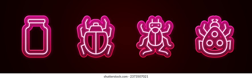 Set line Glass jar, Mite, Beetle bug and Ladybug. Glowing neon icon. Vector