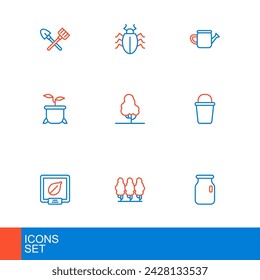 Set line Glass jar with screw-cap, Fruit trees, Seeds of specific plant, Bucket, Plant in pot, Watering can and Colorado beetle icon. Vector
