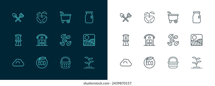 Set line Glass jar with screw-cap, Eco healthy food, Seeds of specific plant, Wicker basket, Farm house, Wheelbarrow, Shovel and rake and Apple icon. Vector