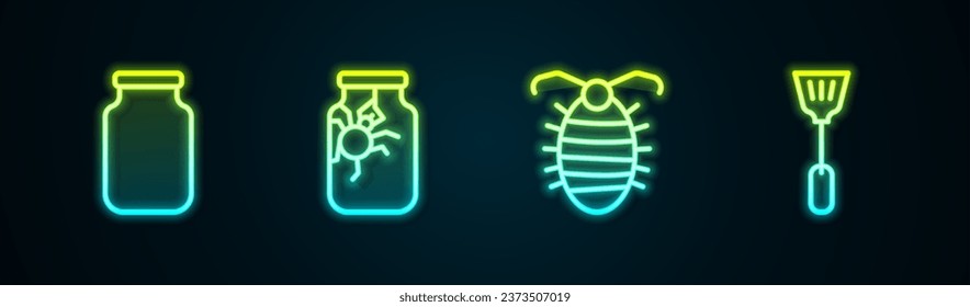 Set line Glass jar, Spider in, Larva insect and Fly swatter. Glowing neon icon. Vector
