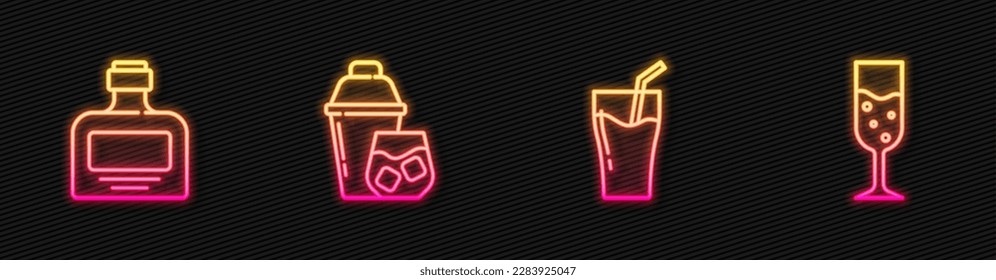 Set line Glass of juice, Whiskey bottle, Cocktail shaker and champagne. Glowing neon icon. Vector