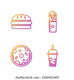 Set line Glass of lemonade with drinking straw, Pizza, Burger and Doner kebab. Gradient color icons. Vector