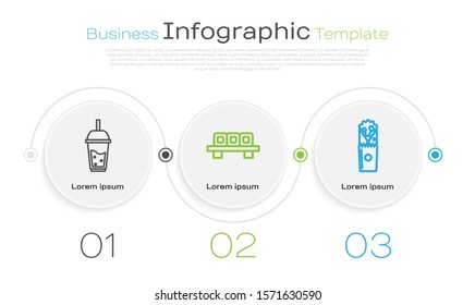 Set line Glass of lemonade with drinking straw, Sushi on cutting board and Doner kebab. Business infographic template. Vector