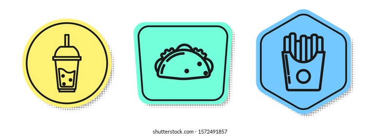 Set line Glass of lemonade with drinking straw, Taco with tortilla and Potatoes french fries in carton package box. Colored shapes. Vector