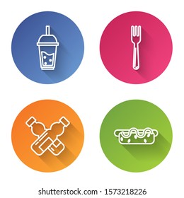 Set line Glass of lemonade with drinking straw, Fork, Crossed bottle of water and Hotdog sandwich with mustard. Color circle button. Vector