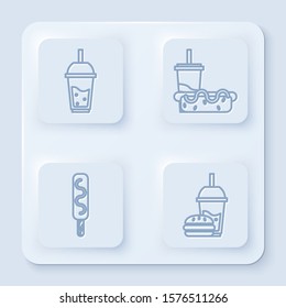 Set line Glass of lemonade with drinking straw, Paper glass with drinking straw and hotdog, Ice cream and Paper glass with drinking straw and burger. White square button. Vector
