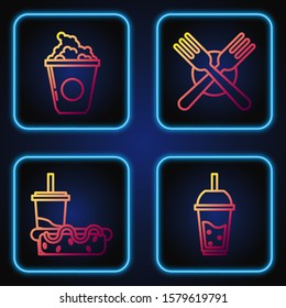 Set line Glass of lemonade with drinking straw, Paper glass with drinking straw and hotdog, Popcorn in cardboard box and Crossed fork. Gradient color icons. Vector