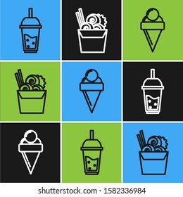 Set line Glass of lemonade with drinking straw, Ice cream in waffle cone and Asian noodles in paper box and chopsticks icon. Vector