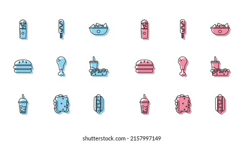 Set Line Glass Of Lemonade With Drinking Straw, Sandwich, Doner Kebab, Hotdog Sandwich Mustard, Chicken Leg, Paper Glass Hotdog, Burger And Ice Cream Icon. Vector