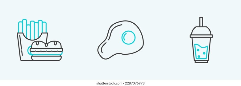 Set line Glass of lemonade with drinking straw, Burger and french fries carton package box and Scrambled eggs icon. Vector