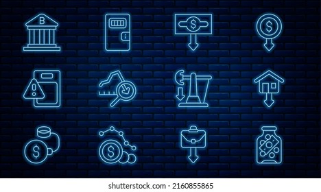 Set line Glass money jar with coin, Falling property prices, Dollar rate decrease, Global economic crisis, Bank building, Drop crude oil and Prison cell door icon. Vector