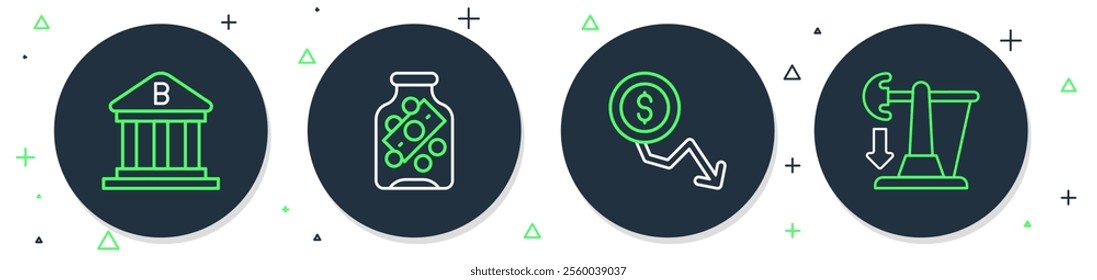 Set line Glass money jar with coin, Dollar rate decrease, Bank building and Drop crude oil price icon. Vector