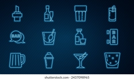 Set line Glass of rum, Street signboard with Bar, water, Cocktail Bloody Mary, Wooden cork for wine, Alcohol drink Rum and Champagne bottle and glass icon. Vector