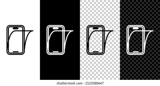 Establece la línea Protector de pantalla de vidrio para el icono de smartphone aislado en fondo transparente, blanco y negro. Película protectora para vidrio. Vidrio suave transparente para teléfono móvil.  Vector