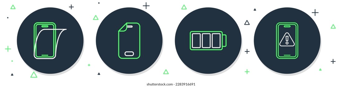 Fijar la línea Protector de pantalla de vidrio, Batería y Móvil con el icono de la marca de exclamación. Vector