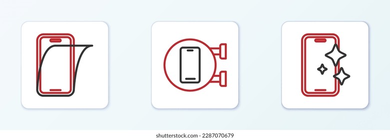 Set line Glass screen protector,  and Phone repair service icon. Vector