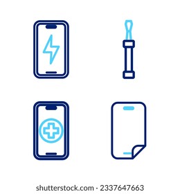Set line Glass screen protector, Phone repair service, Screwdriver and Mobile charging battery icon. Vector