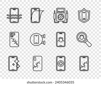 Set-line-Bildschirm-Protektor, Mobile mit gebrochenem, Multimeter, wasserdichtes Telefon, Telefon-Reparaturdienst und System-Fehlersymbol. Vektorgrafik