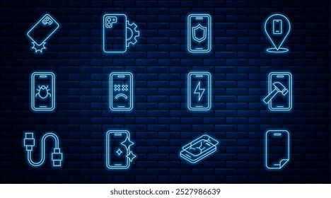 Set line Glass screen protector, Mobile with broken, shield, Dead mobile, System bug on, Shockproof phone, charging battery and Phone repair service icon. Vector