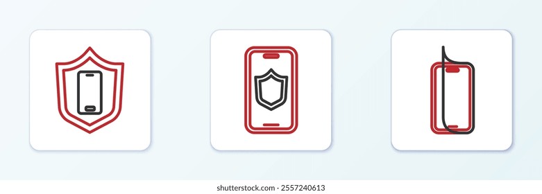 Set line Glass screen protector, Mobile with shield and  icon. Vector