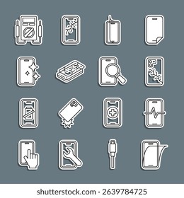 Set line Glass screen protector, Phone repair service, Mobile with broken, Multimeter and  icon. Vector